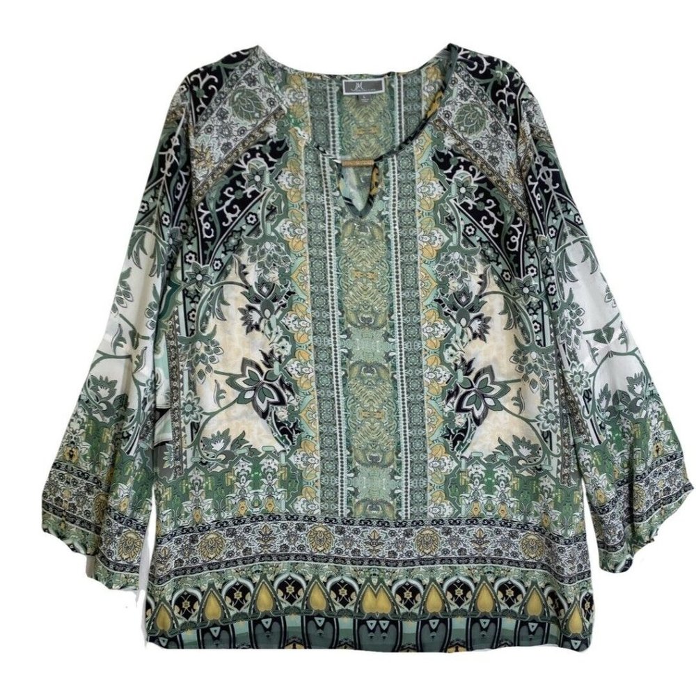 JM Collection Womens Top L Large Tunic 3/4 Bel Sleeves Green Gold Black Keyhole